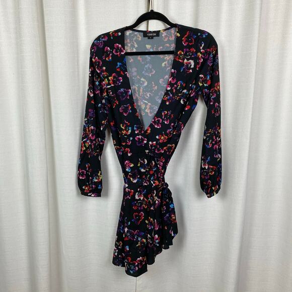Yumi Kim Black Floral Wrap Mini Dress Sz.S - Picture 3 of 14